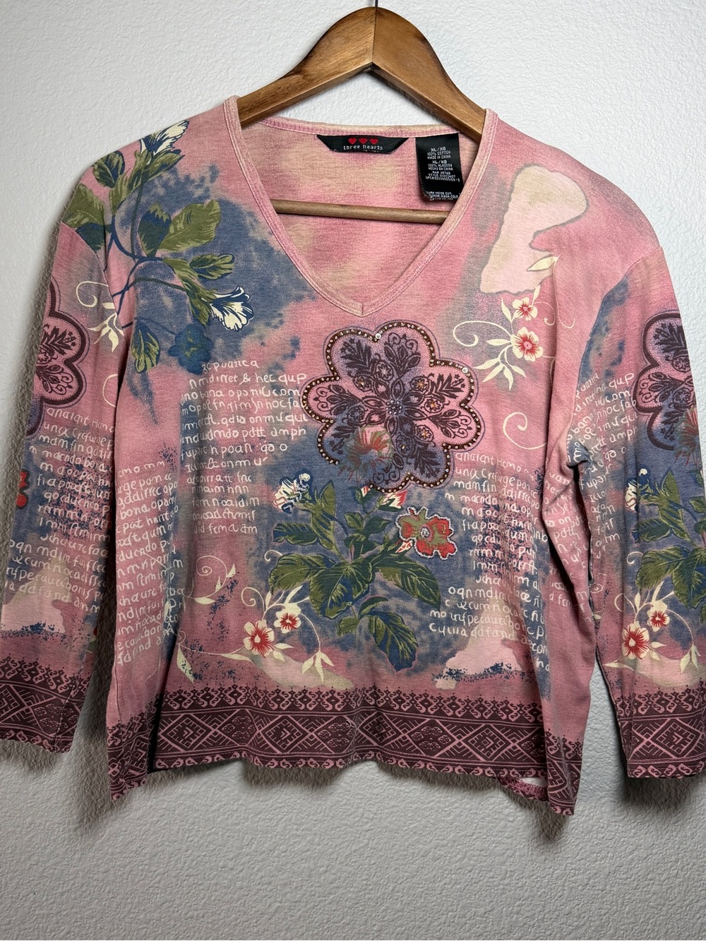 Three Hearts Floral Embellished Boho V Neck Top XL Pink Artsy Y2K
